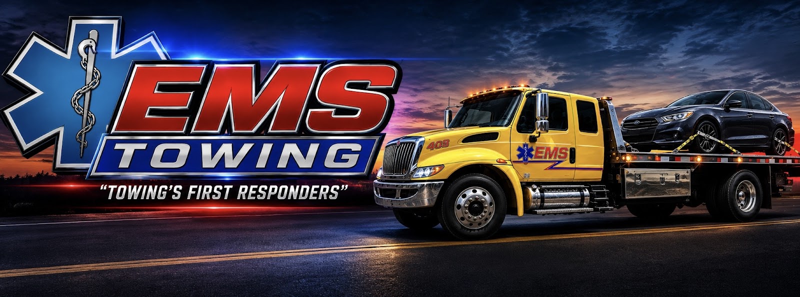 EMS Towing branded artwork featuring our yellow rollback truck and logo